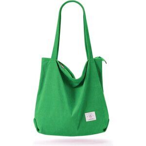 Women's Green Corduroy Zipper Casual  Big Capacity with Pockets Tote Bag